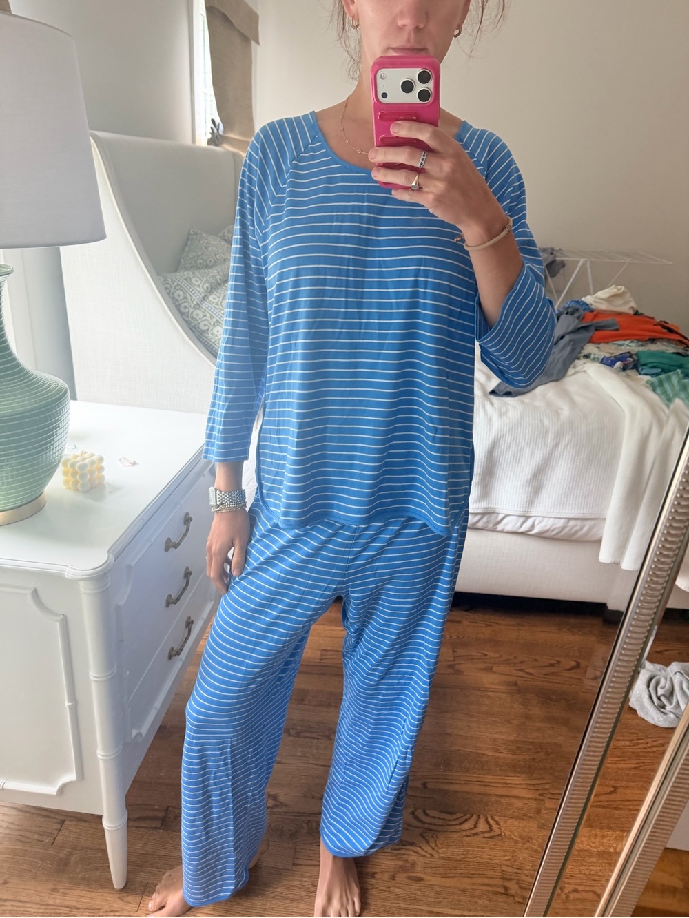 LAKE Striped Pajama 3 piece Set Blue & White Medium